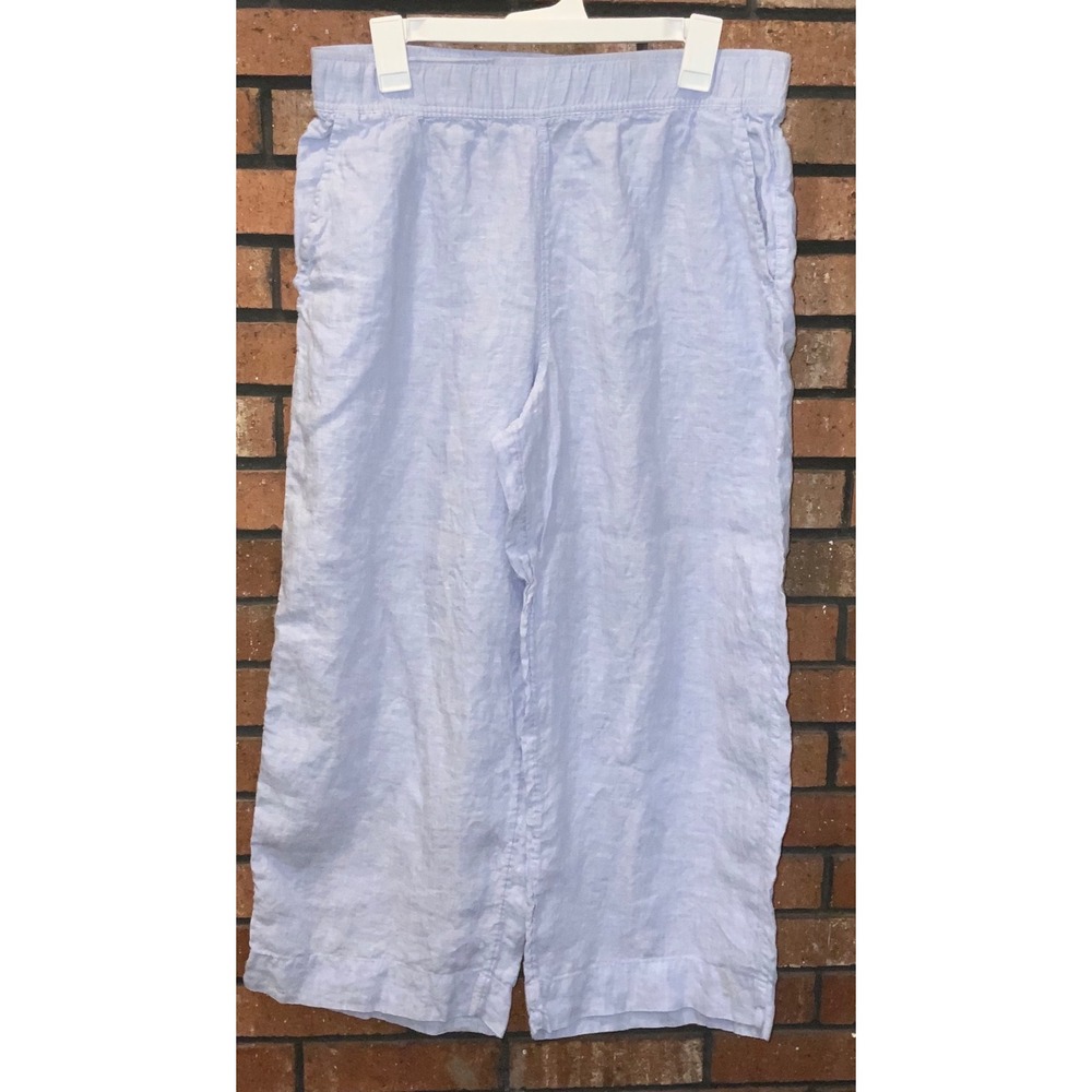 Tahari Womens Light Blue 100% Linen Wide Leg Cropped Elastic Waist Pants Size L
